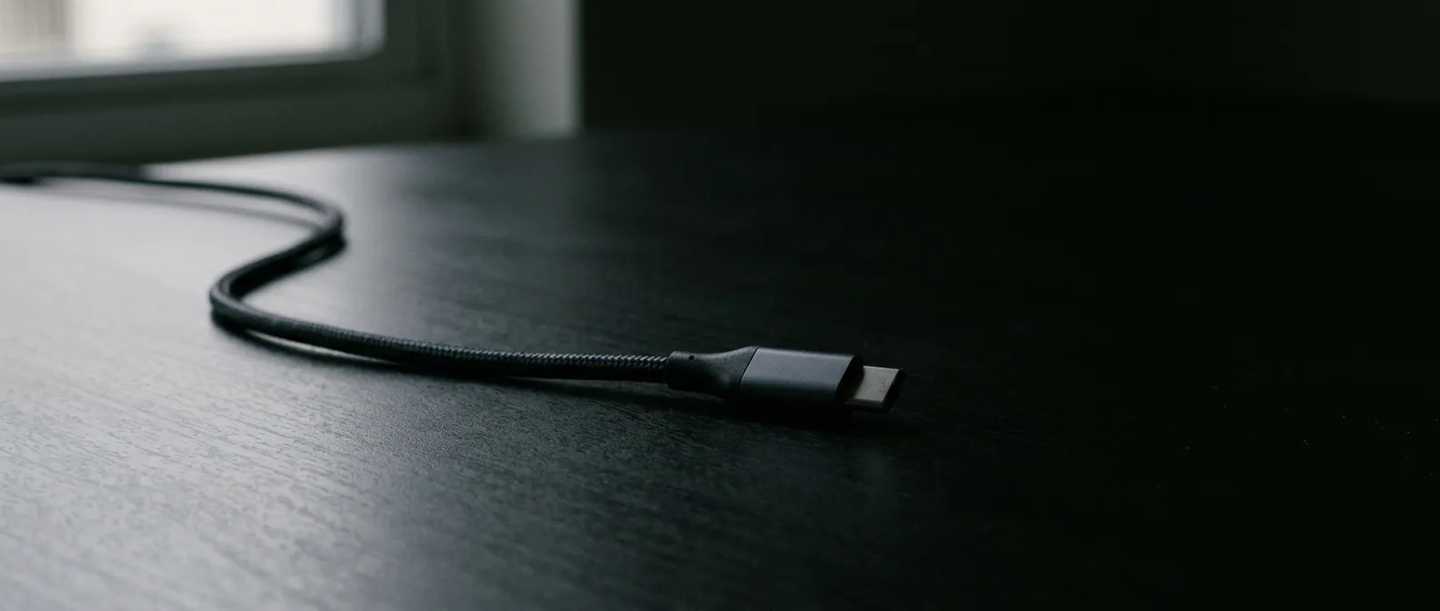 A braided USB-C cable resting on a dark wooden desk beside a window.