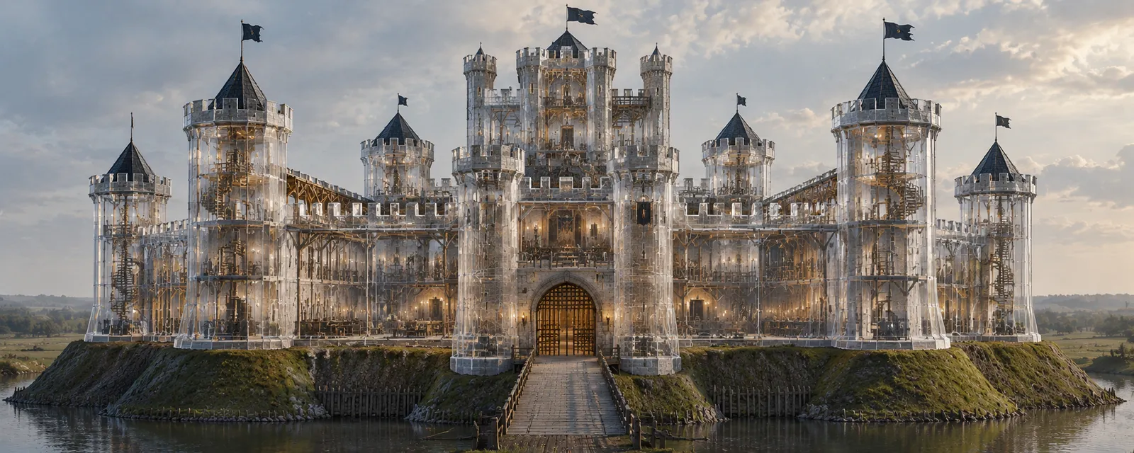 A medieval castle built of transparent glass on a moated hill, its stairways, rooms and machinery visible through the walls.