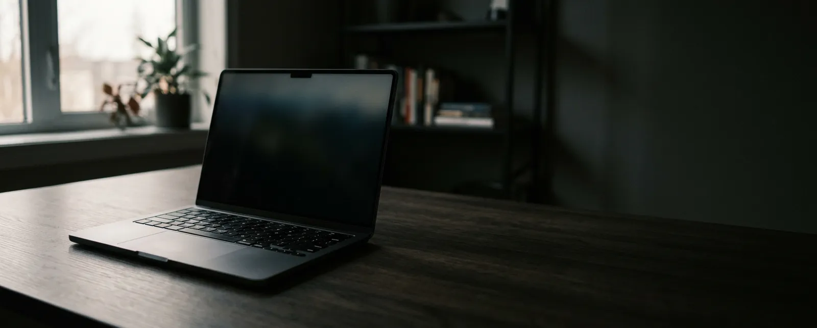 A laptop with a dark screen on a wooden desk in a dim room.