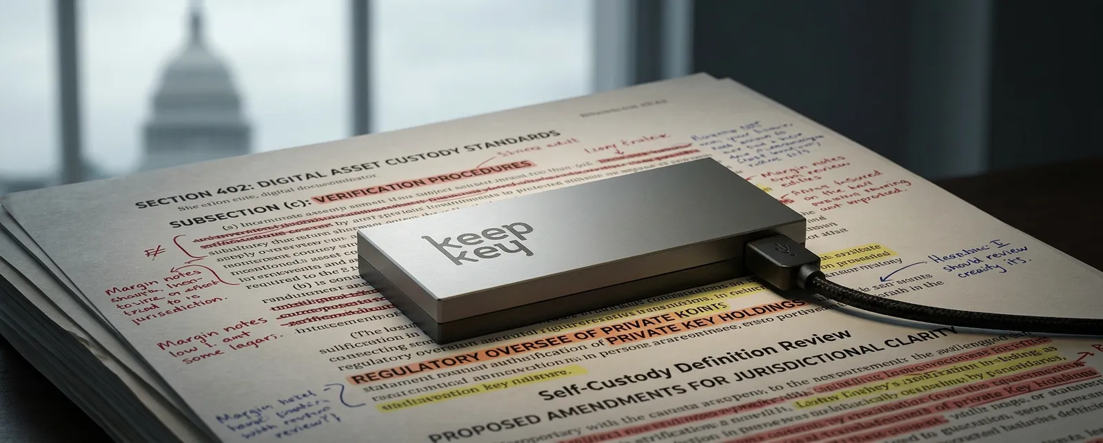 A KeepKey hardware wallet resting on heavily annotated digital-asset custody legislation, the U.S. Capitol visible through the window.