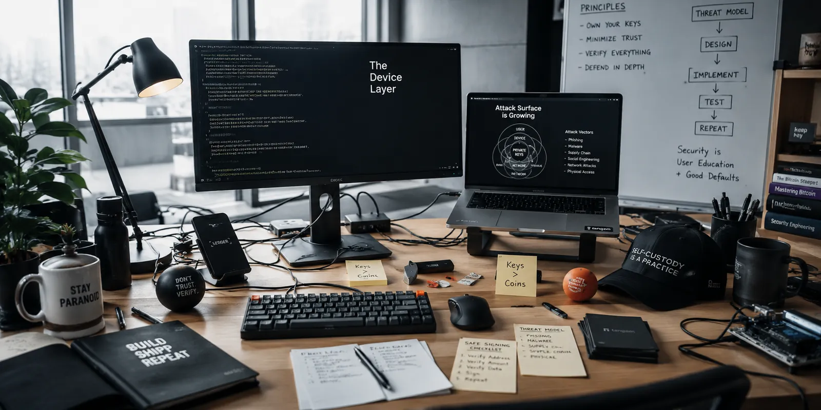 A security workstation: 'The Device Layer' on a monitor, a laptop reading 'Attack Surface is Growing', and a whiteboard of self-custody principles and threat models.
