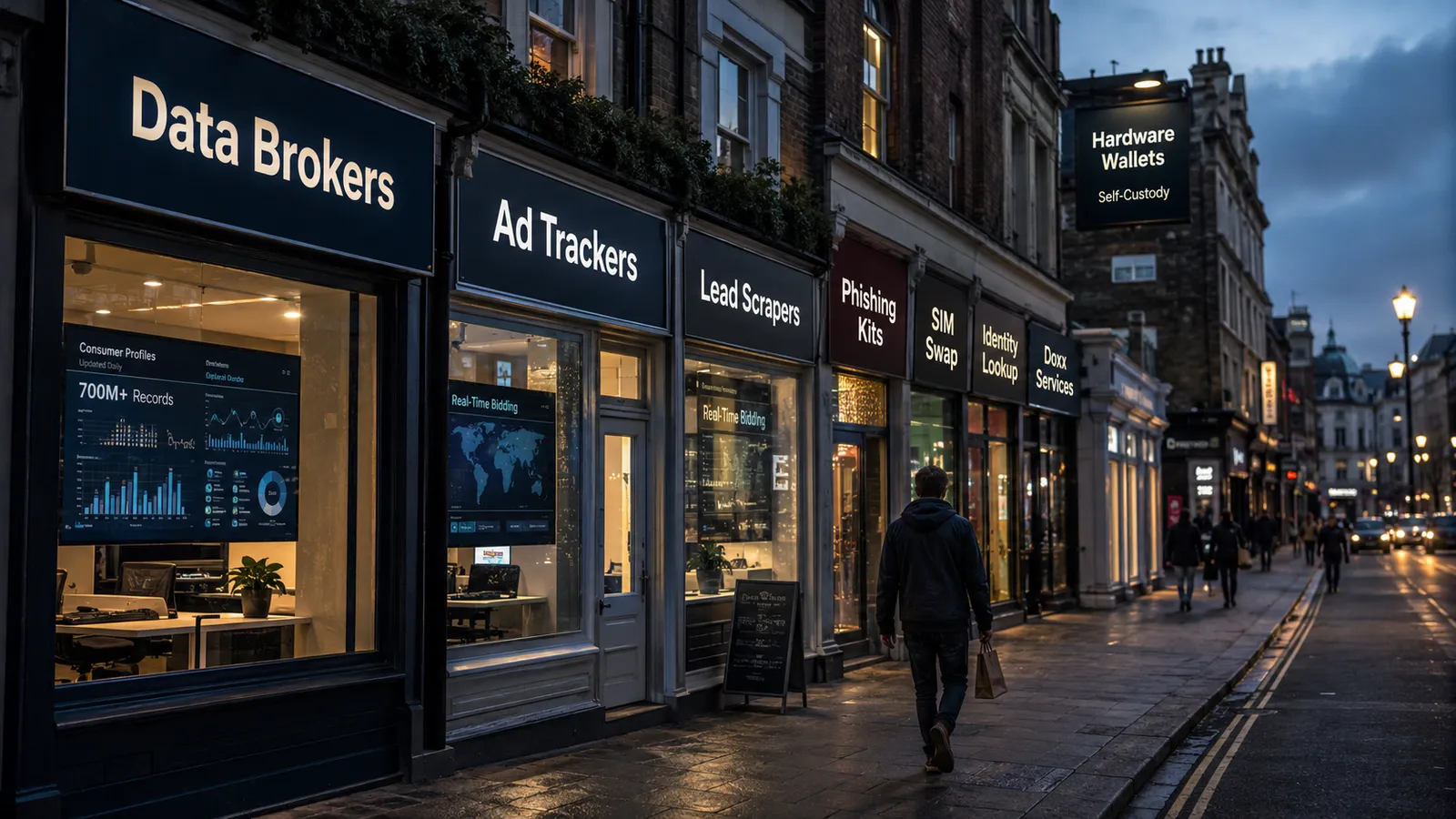 A street of storefronts at dusk labeled Data Brokers, Ad Trackers, Lead Scrapers, Phishing Kits, SIM Swap, Identity Lookup, and Doxx Services — a Hardware Wallets / Self-Custody sign hangs further down.