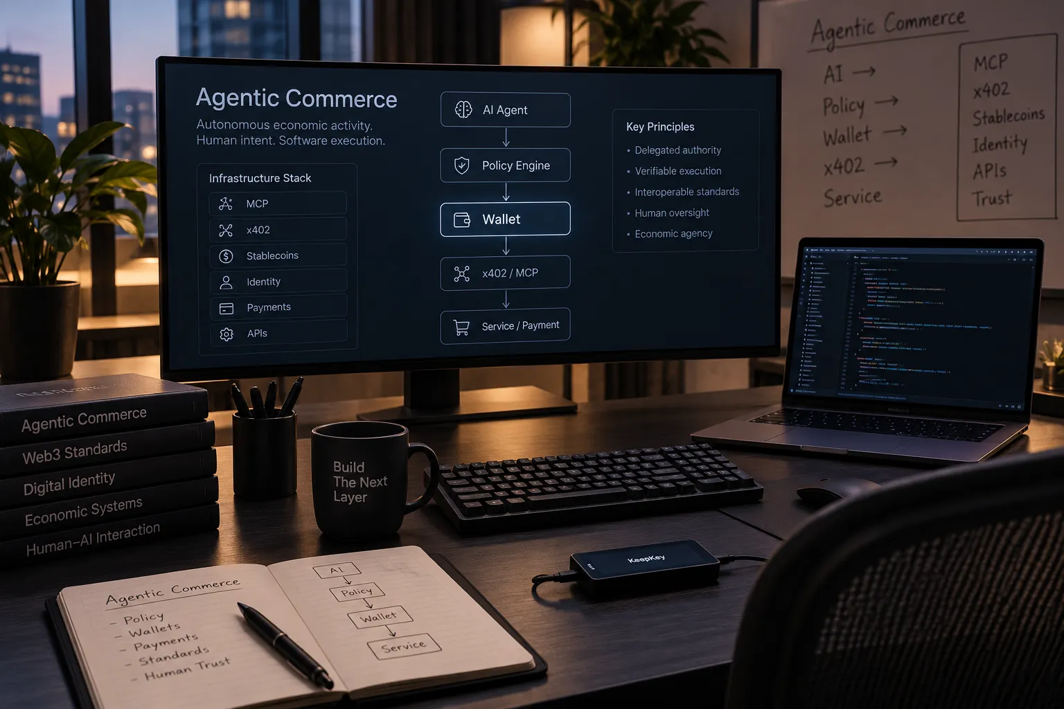 A desk at dusk with an 'Agentic Commerce' architecture diagram on screen — AI agent, policy engine, wallet, x402/MCP, service — beside a KeepKey device and a notebook of sketches.