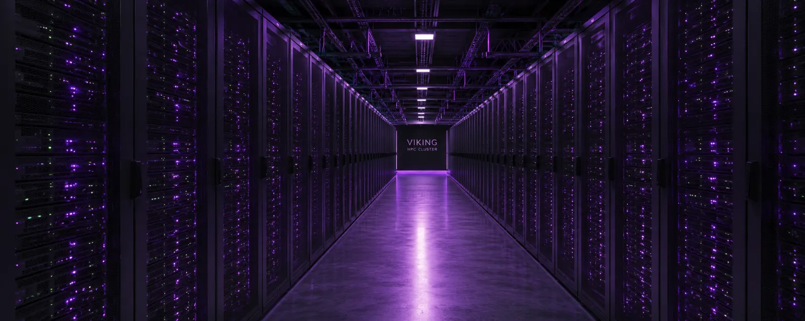 A data-center aisle bathed in purple light, racks of servers stretching toward a glowing sign that reads VIKING HPC CLUSTER.